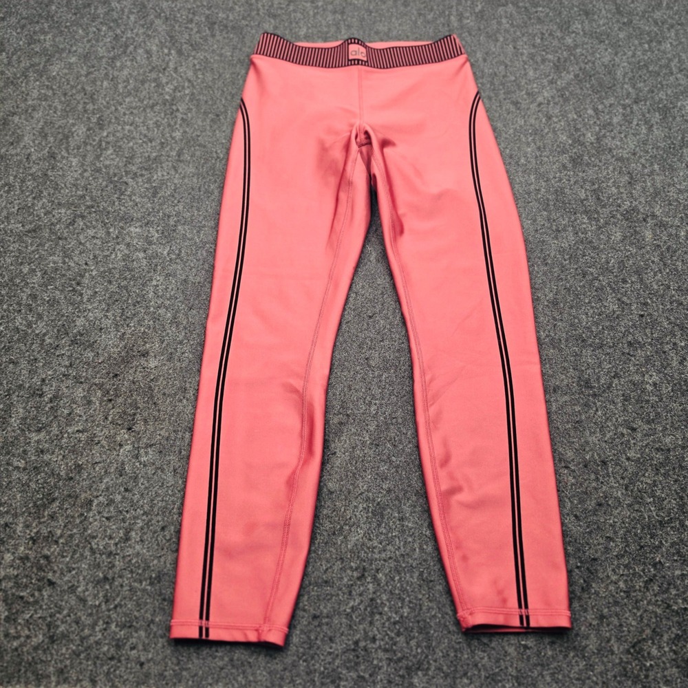 Alo Yoga Leggings Womens S Coral Pink Black Striped Elastic Waist Activewear